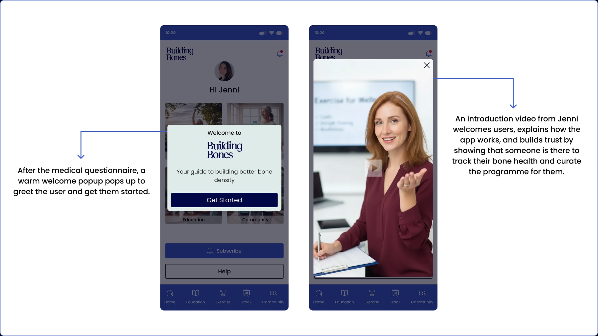 Building Bones welcome — the 'Hi Jenni' welcome popup after onboarding, plus Jenni's personal introduction video.